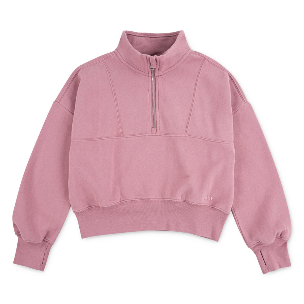 Roze meisjes Abercrombie & Fitch fleecetrui van sweat materiaal met effen, lange mouwen, opstaande kraag en halve rits