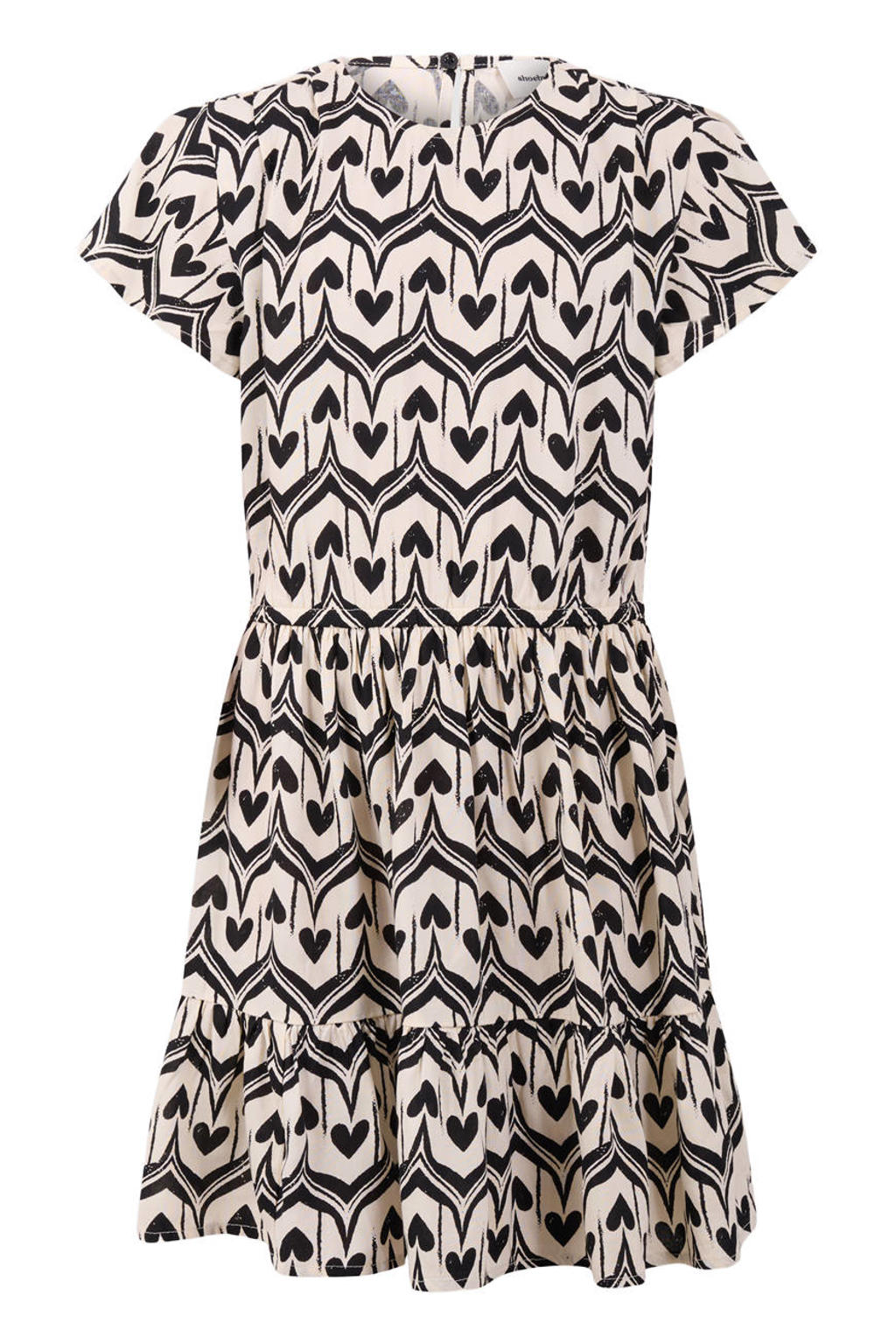 Ecru en zwarte meisjes Shoeby midi jurk met print van viscose met korte mouwen en ronde hals