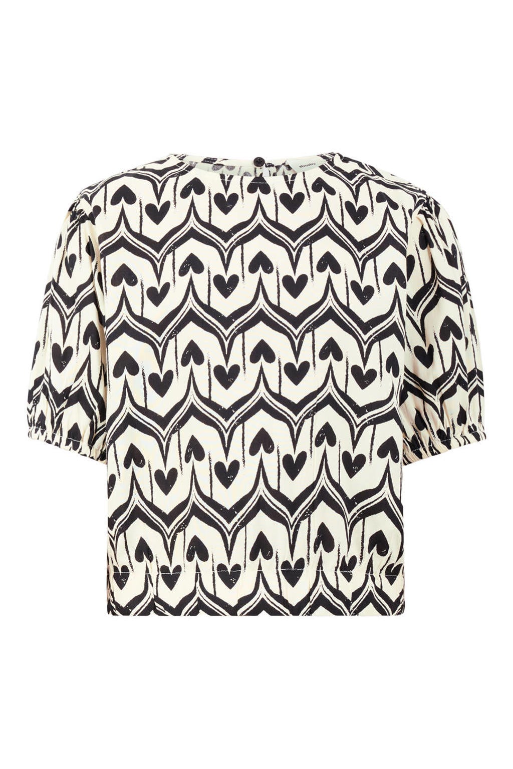 Ecru en zwarte meisjes Shoeby T-shirt van viscose met korte mouwen, ronde hals, knoopsluiting en elastische boord