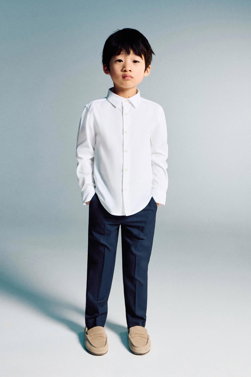 Donkerblauwe jongens Mango Kids chino van polyester met rits- en knoopsluiting en effen