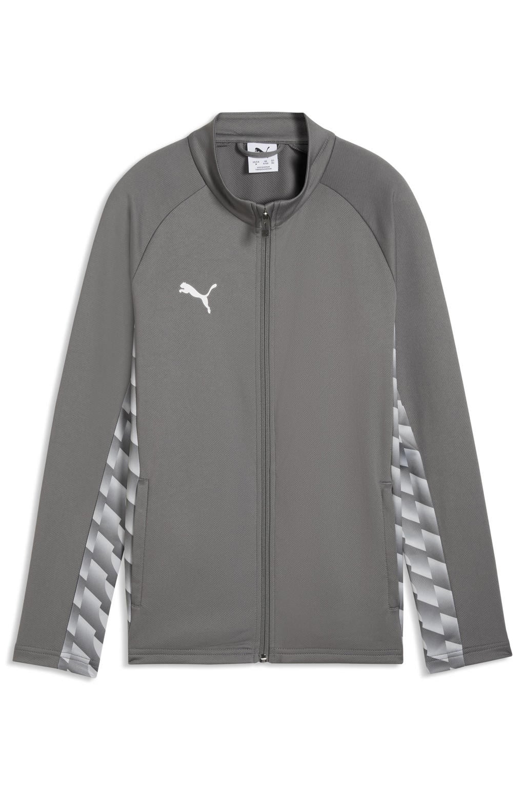 Grijze jongens en meisjes Puma Junior voetbaltrainingsjack van polyester met lange mouwen, ronde hals en ritssluiting