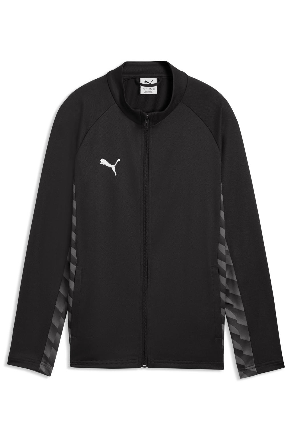 Zwarte jongens en meisjes Puma Junior voetbaltrainingsjack van polyester met lange mouwen, ronde hals en ritssluiting