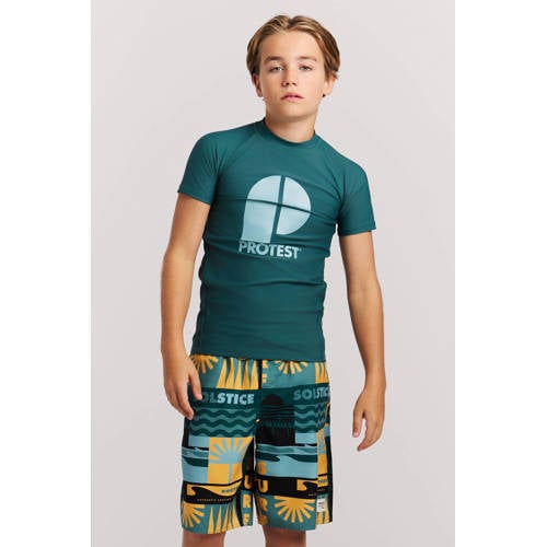 Protest zwemshort PRTTONNY JR donkergroen/geel Jongens Polyester Grafisch - maat 140 afbeelding