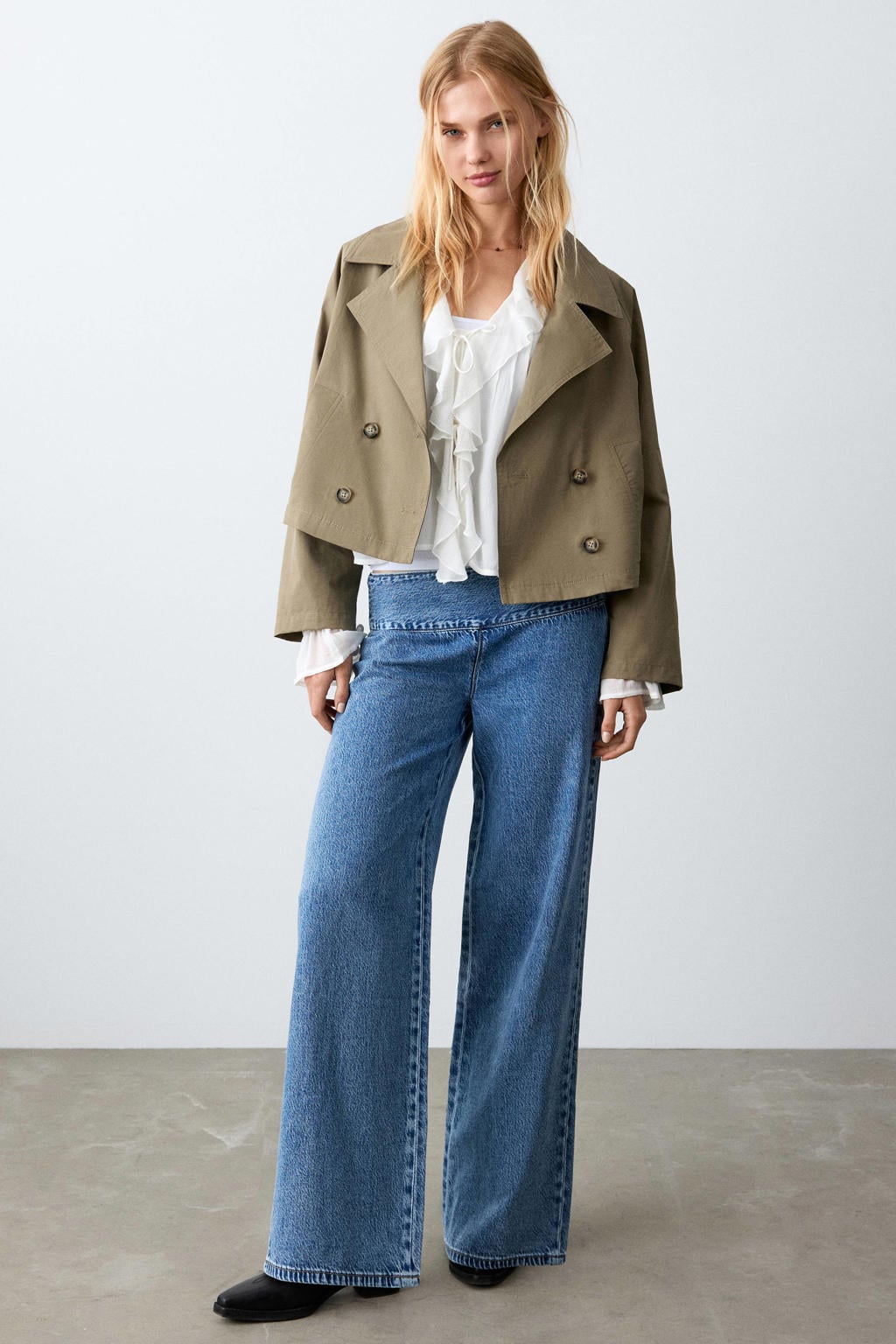 Medium blue denim meisjes MANGO TEEN low waist wide leg jeans van denim met ritssluiting en effen