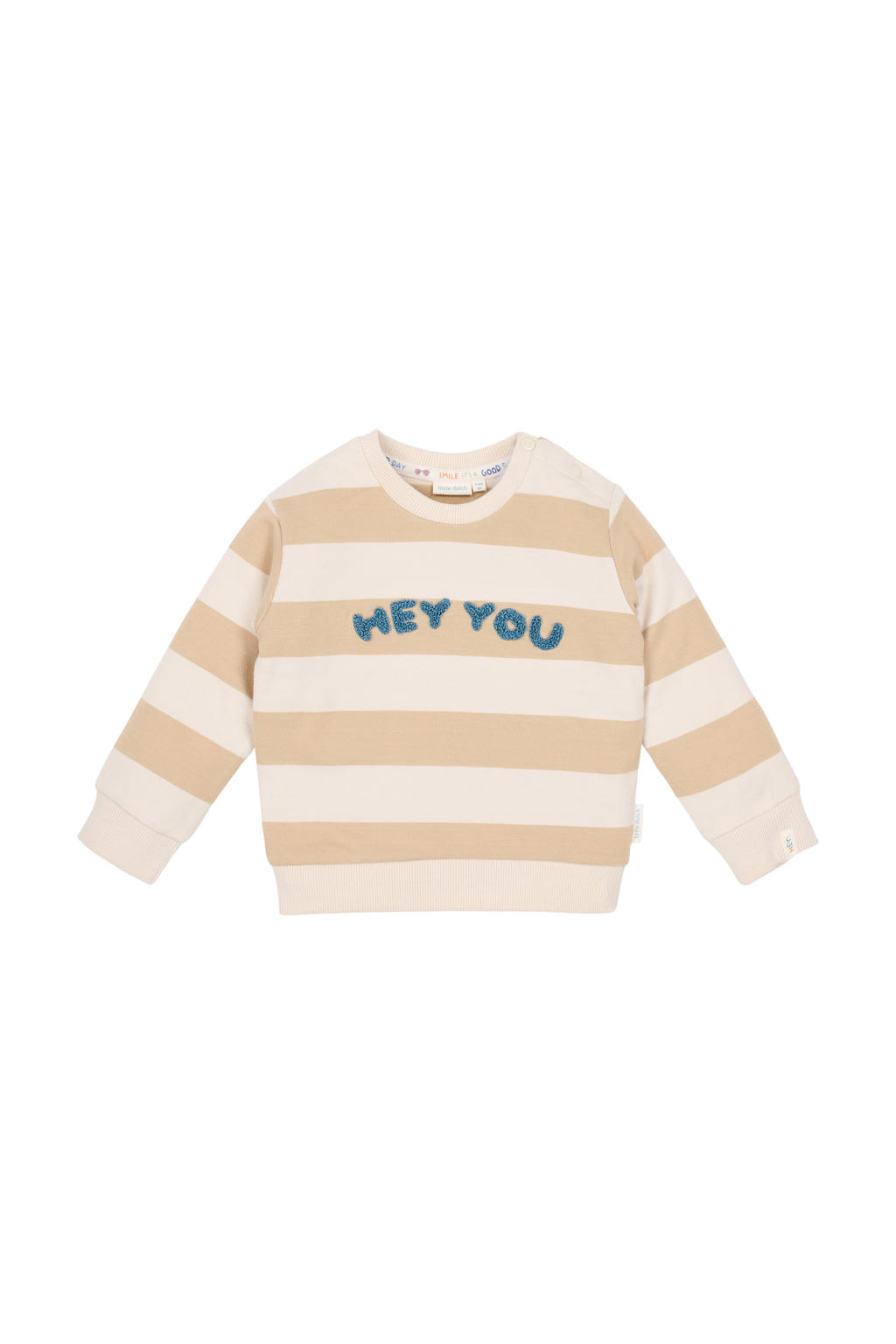 Zandkleurige jongens Little Dutch gestreepte sweater van katoen met lange mouwen, ronde hals, drukknoopsluiting en patches