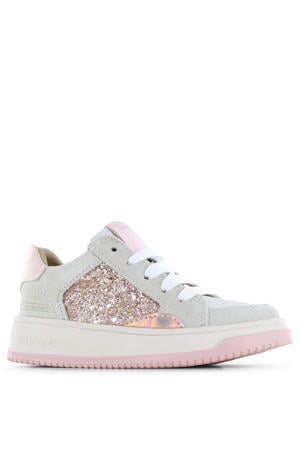 suède sneakers beige/roze glitters