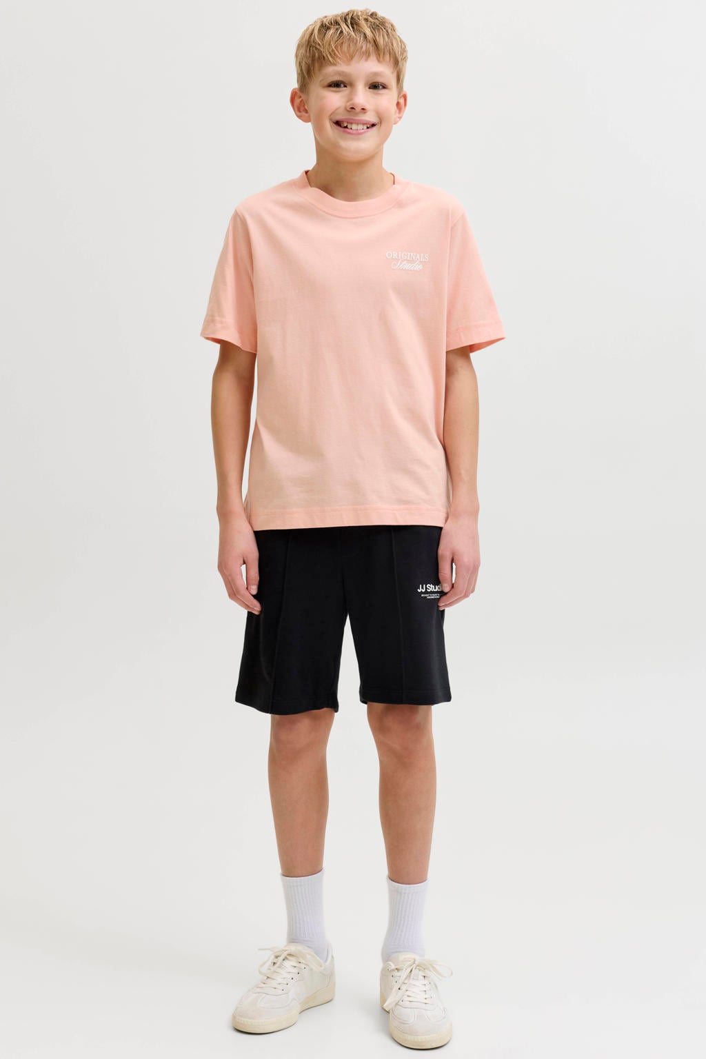 Oranje jongens JACK & JONES JUNIOR T-shirt roze van katoen met backprint en korte mouwen
