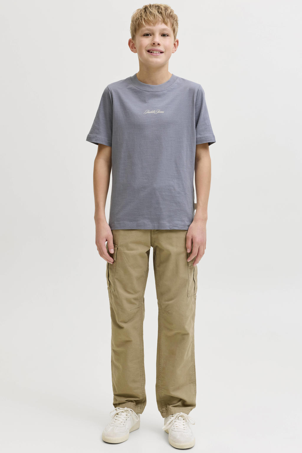 Grijsblauwe jongens JACK & JONES JUNIOR T-shirt blauw van katoen met backprint, korte mouwen en ronde hals