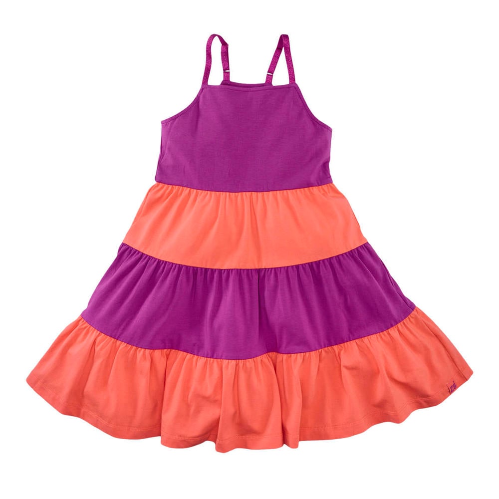 Koraalrood en violetkleurige meisjes Z8 kids A-lijn jurk Elina koraal van stretchkatoen met strepenprint, spaghettibandjes en vierkante hals