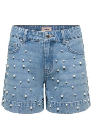 regular short met parels light blue denim