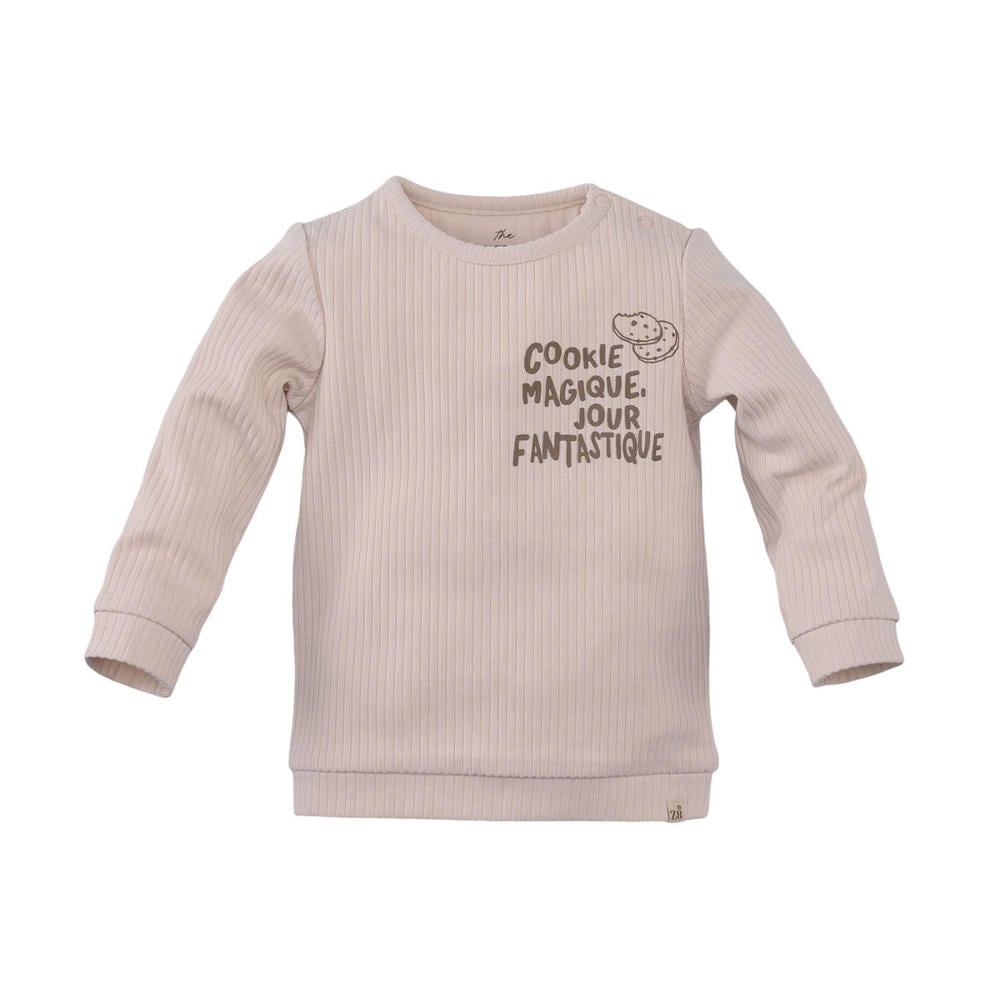 Beige jongens Z8 newborn longsleeve Jent met tekst print, lange mouwen, ronde hals, drukknoopsluiting en textuur