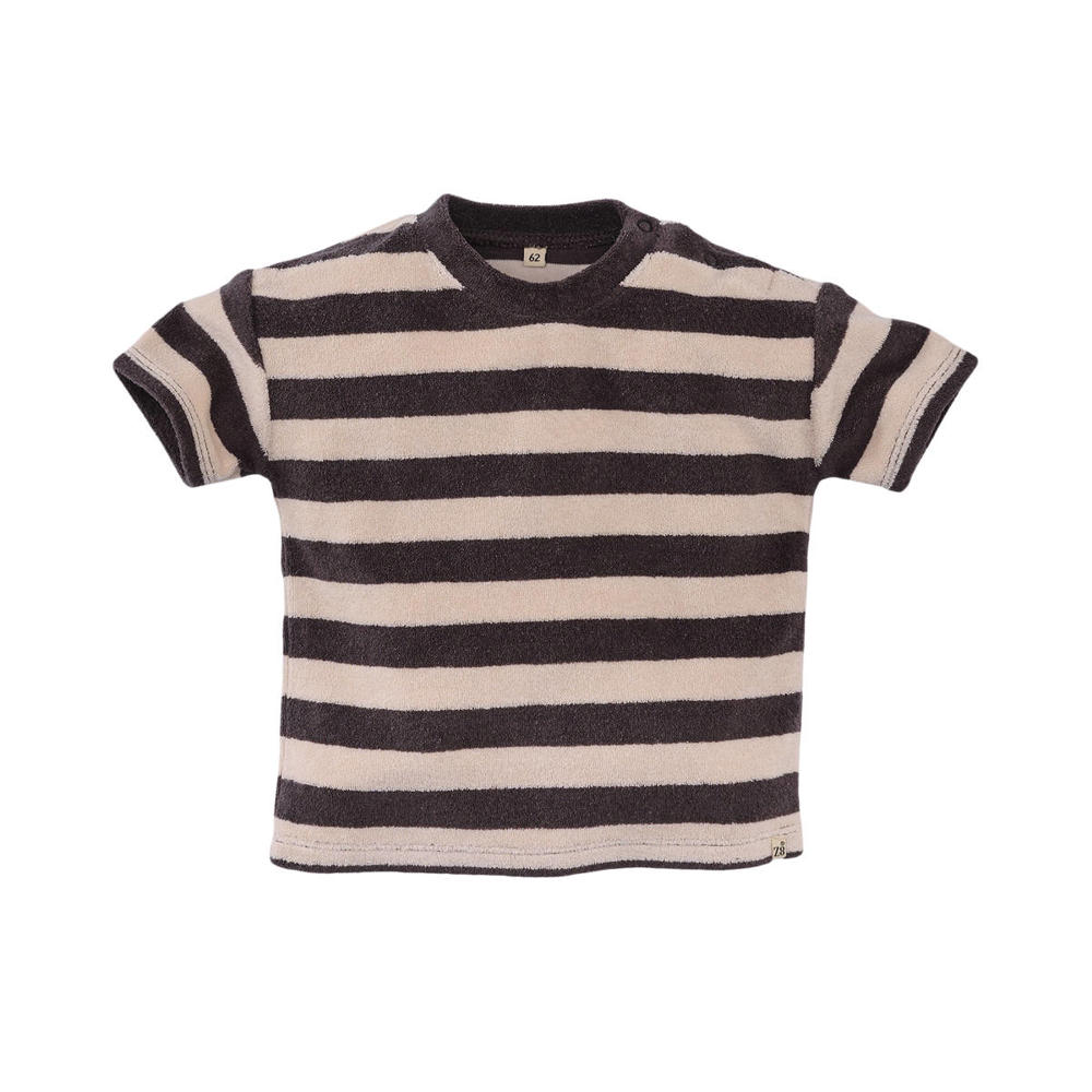 Bruin en beige jongens Z8 newborn badstof T-shirt Joppe met strepenprint, korte mouwen, ronde hals en drukknoopsluiting