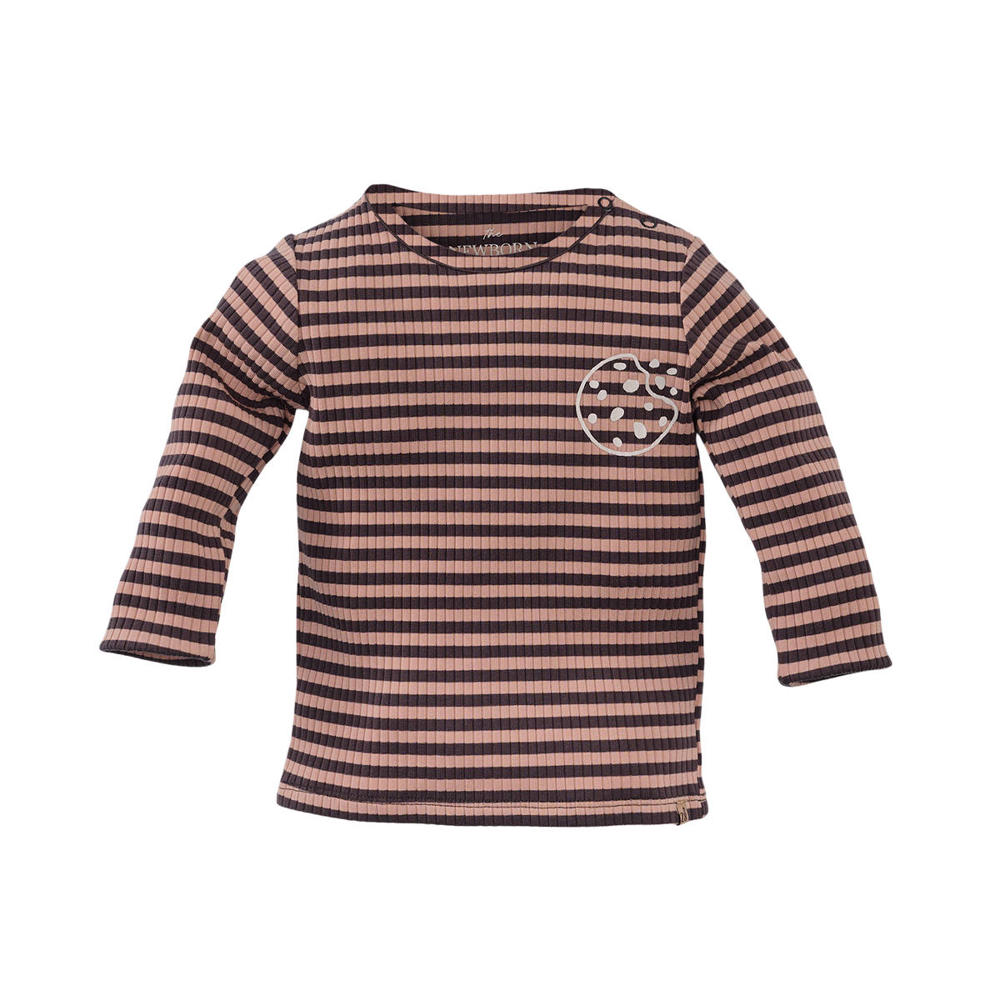 Donkerbruin en beige jongens Z8 newborn longsleeve Younes van stretchkatoen met strepenprint, lange mouwen, ronde hals en textuur