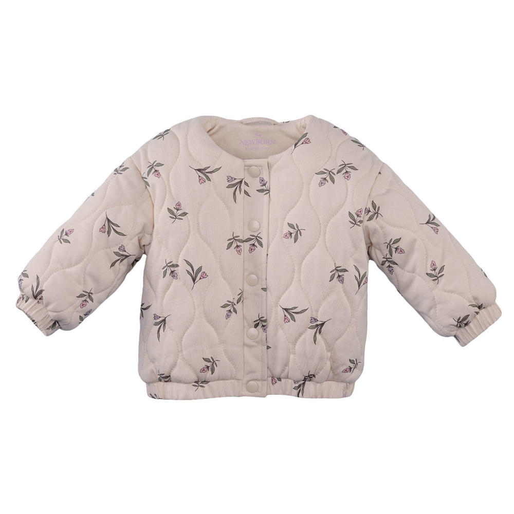 Beige en roze meisjes Z8 newborn zomerjas Duha van katoen met bloemenprint, lange mouwen, ronde hals, drukknoopsluiting en doorgestikte details