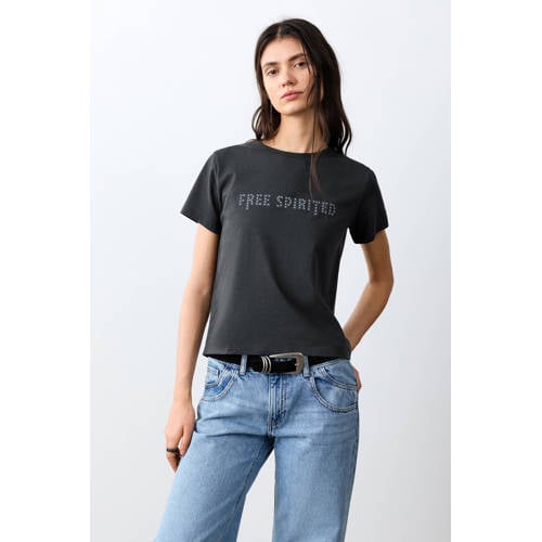 MANGO TEEN T-shirt donkerblauw Meisjes Stretchkatoen Ronde hals Tekst - maat 168(M) afbeelding