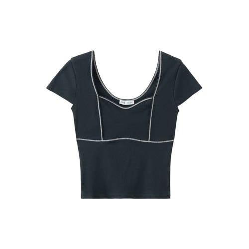 MANGO TEEN cropped top donkerblauw rib gebreid Meisjes Katoen Vierkante hals - maat 164(S) afbeelding