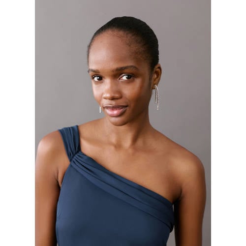 MANGO TEEN maxi jurk donkerblauw Meisjes Polyester One shoulder Effen - maat 158(XS) afbeelding