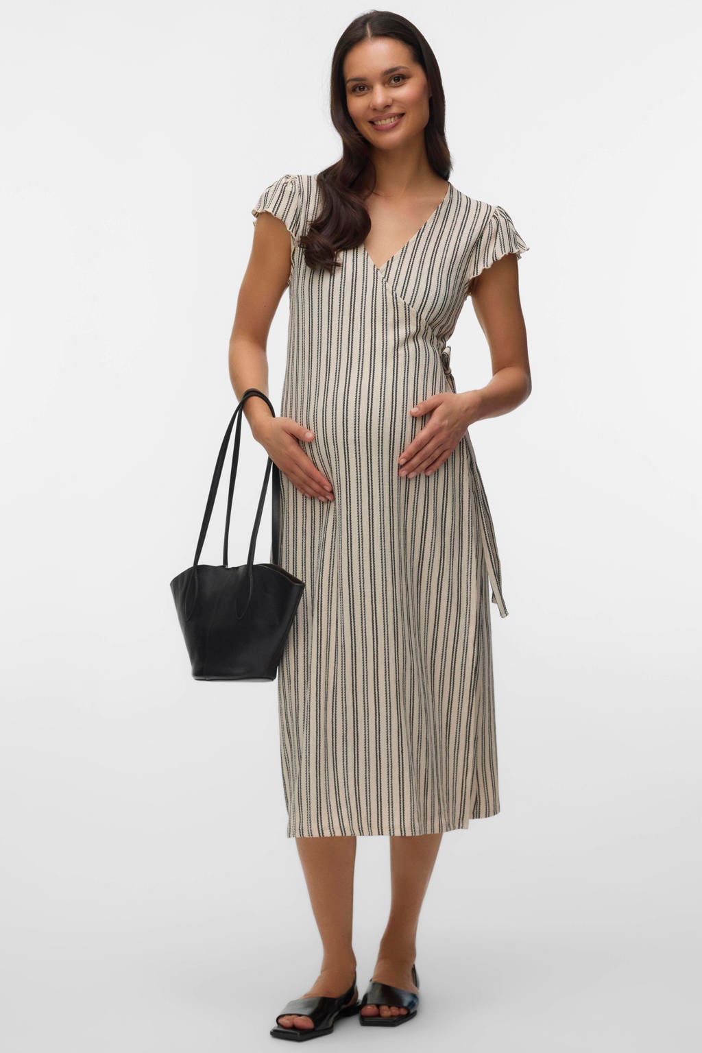 MAMALICIOUS gestreepte zwangerschaps- en voedings maxi jurk beige
