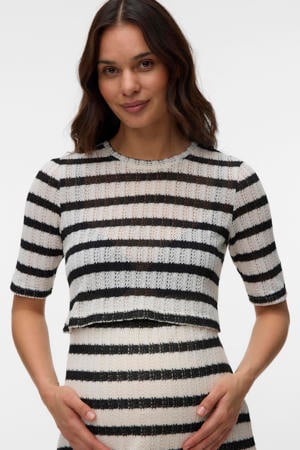 zwangerschaps gestreept T-shirt fijn gebreid beige