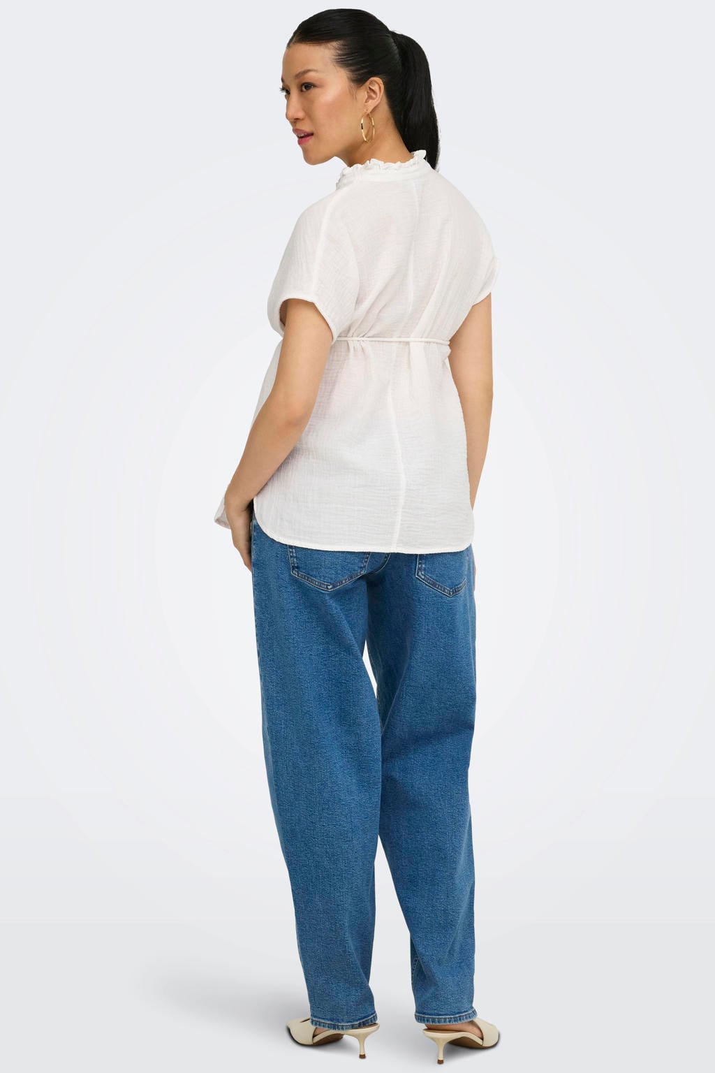 Ecru dames ONLY MATERNITY zwangerschaps blousetop van katoen met effen, korte mouwen, V-hals en geweven detail