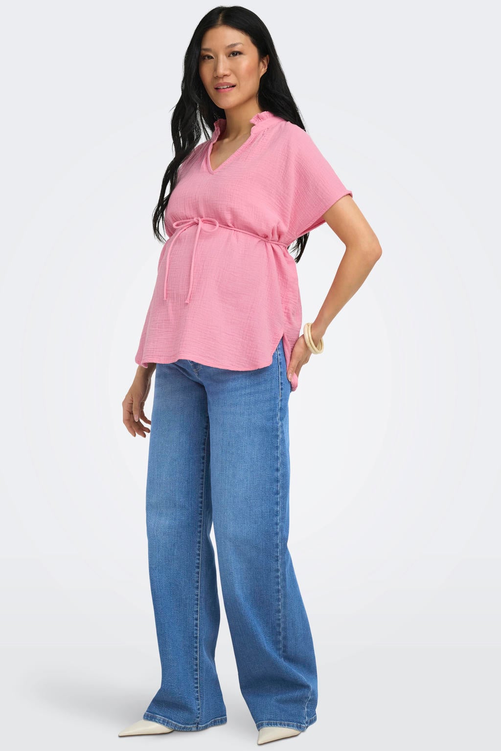 Roze dames ONLY MATERNITY zwangerschaps blousetop van katoen met effen, korte mouwen, V-hals en geweven detail