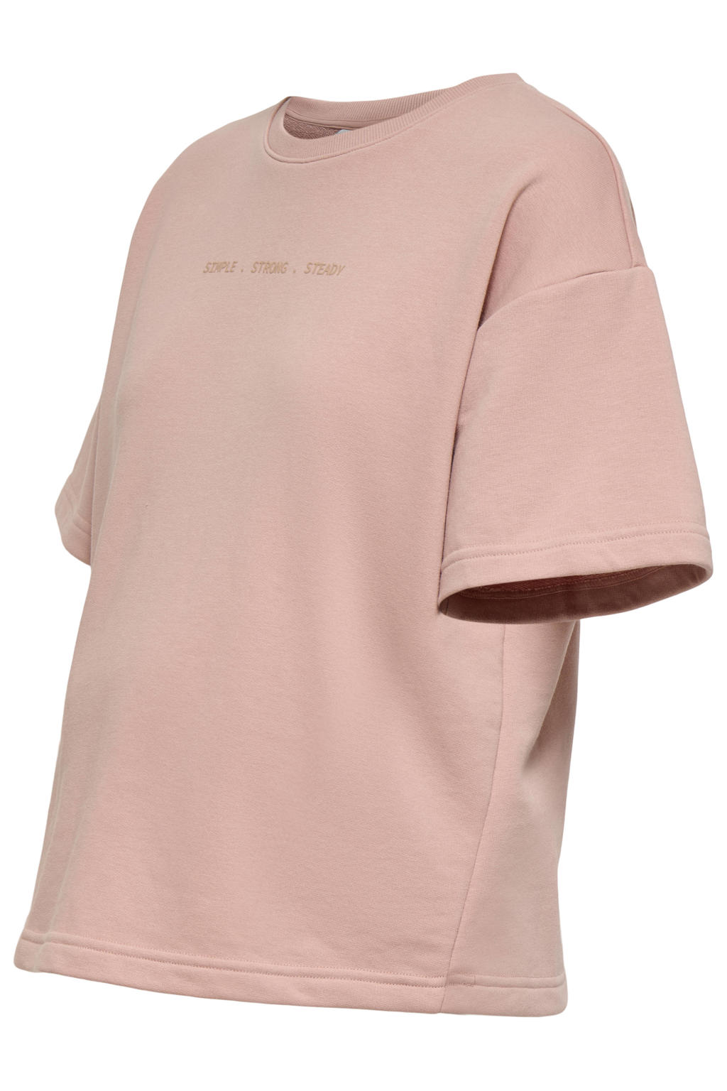 Lichtroze dames ONLY MATERNITY zwangerschaps T-shirt van katoen met tekst print, korte mouwen en ronde hals