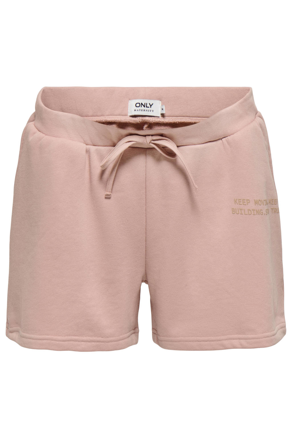 Lichtroze dames ONLY MATERNITY regular low waist zwangerschaps sweatshort met elastische tailleband met koord en tekst print
