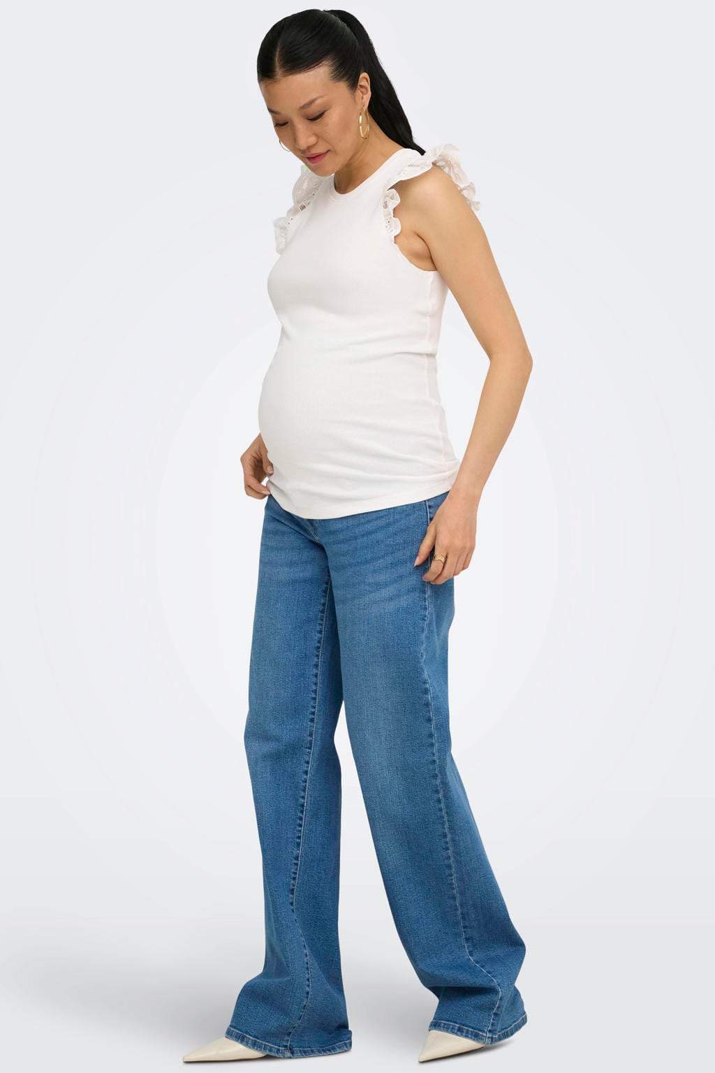 Ecru dames ONLY MATERNITY zwangerschaps T-shirt broderie van stretchkatoen met effen, korte mouwen en ronde hals
