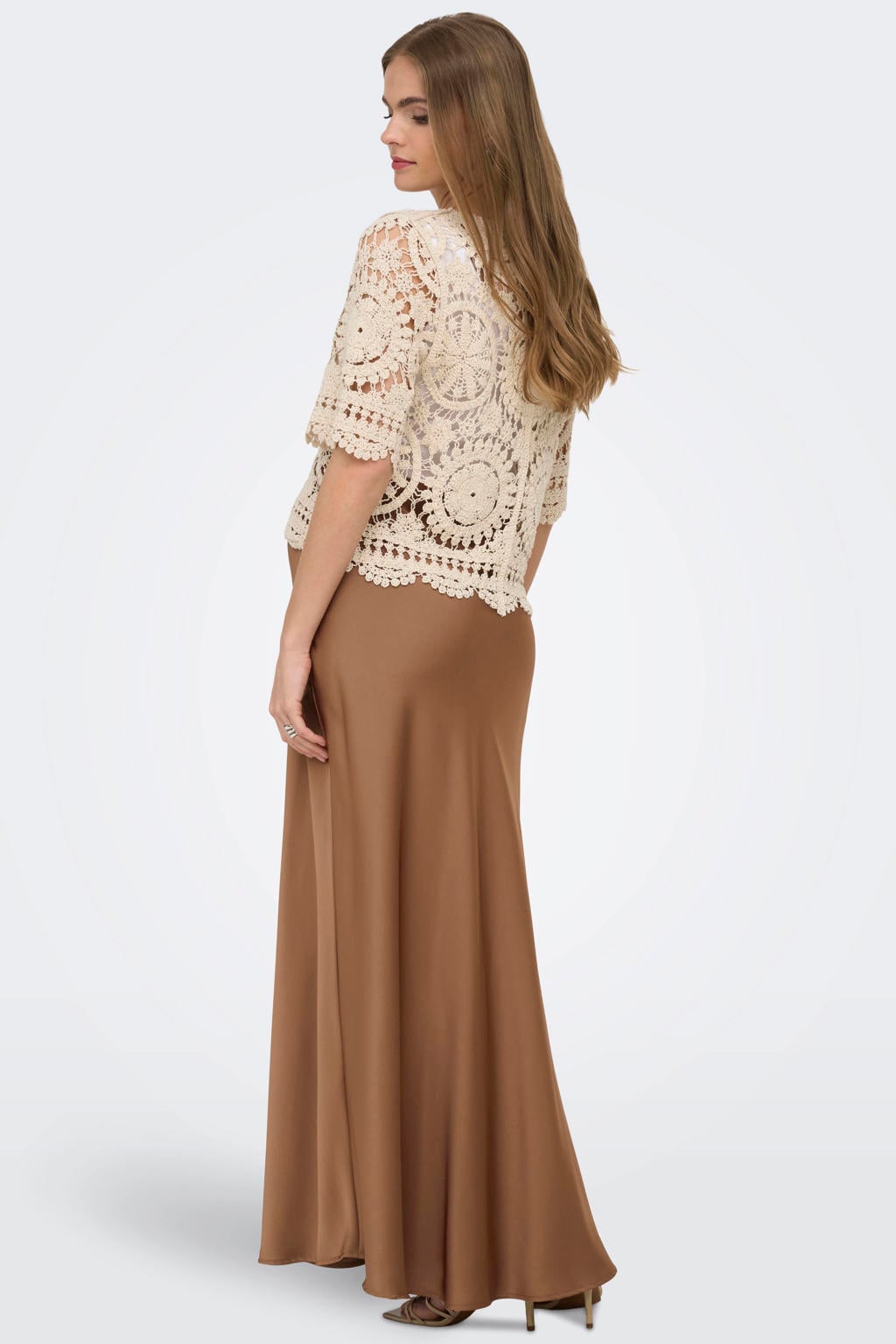 Bruine dames ONLY MATERNITY zwangerschaps maxi rok van polyester met high waist, ritssluiting en effen
