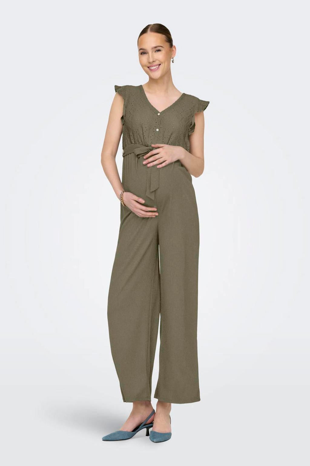 ONLY MATERNITY zwangerschaps jumpsuit broderie olijfgroen