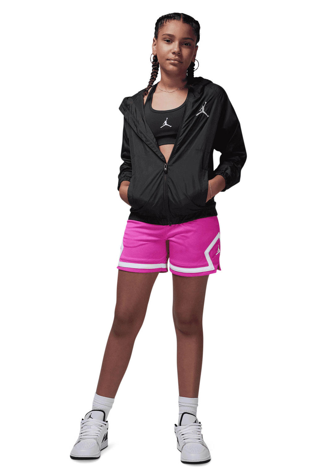 Zwarte meisjes Jordan sporttop van polyester met logo dessin, korte mouwen en ronde hals
