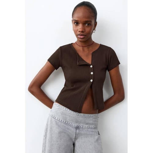 MANGO TEEN cropped top bruin rib gebreid Meisjes Stretchkatoen Openvallende hals - maat 164(S) afbeelding
