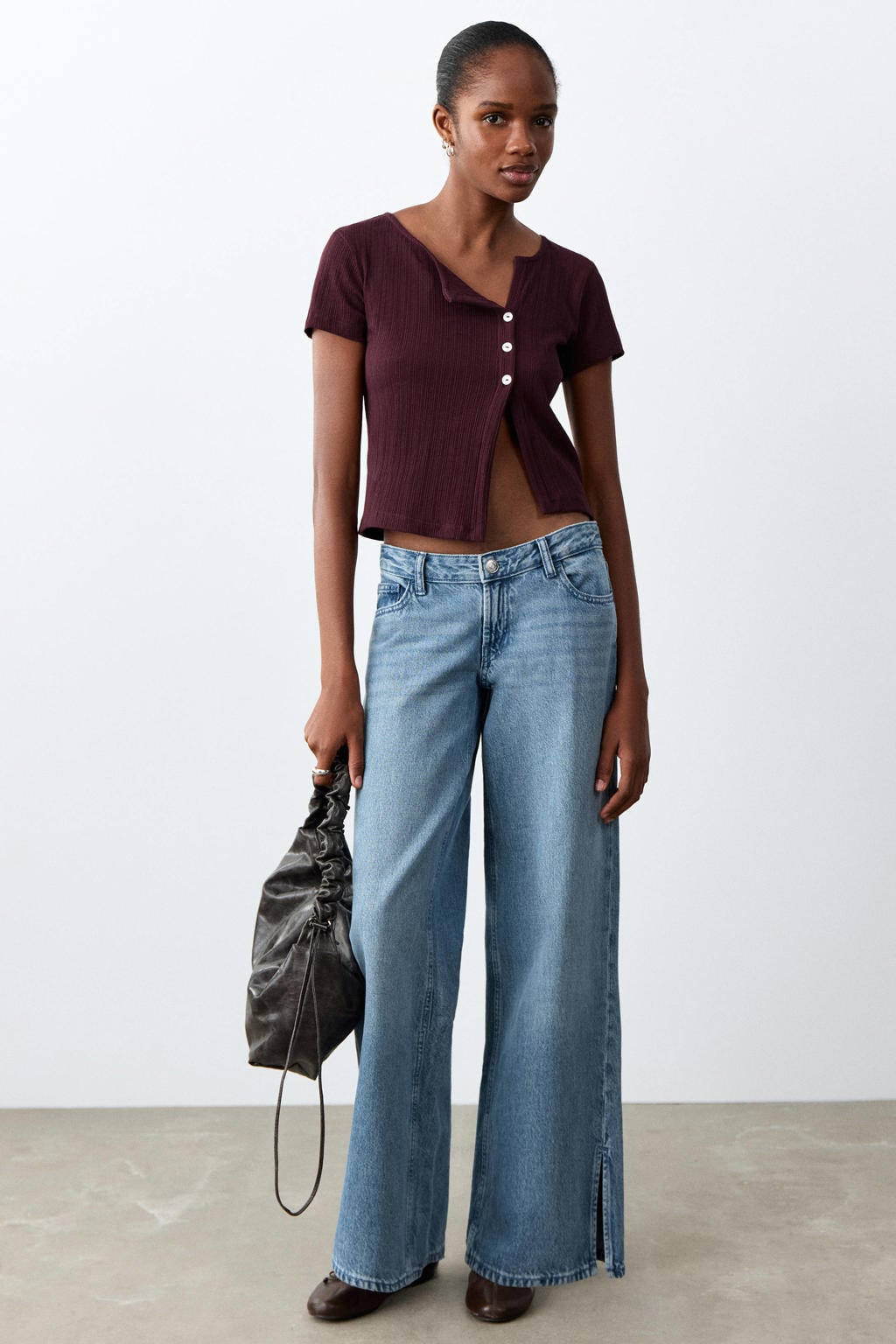 Donkerrode meisjes MANGO TEEN cropped top rib gebreid met effen en korte mouwen