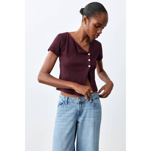 MANGO TEEN cropped top donkerrood rib gebreid Meisjes Stretchkatoen Openvallende hals - maat 168(M) afbeelding