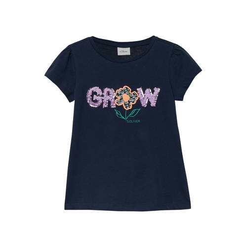 s.Oliver T-shirt donkerblauw met pailletten Meisjes Katoen Ronde hals Tekst - maat 92/98 afbeelding