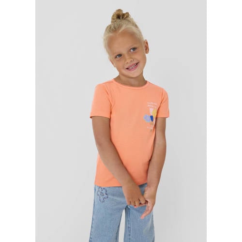 s.Oliver T-shirt oranje met pailletten Meisjes Katoen Ronde hals Printopdruk - maat 116/122 afbeelding