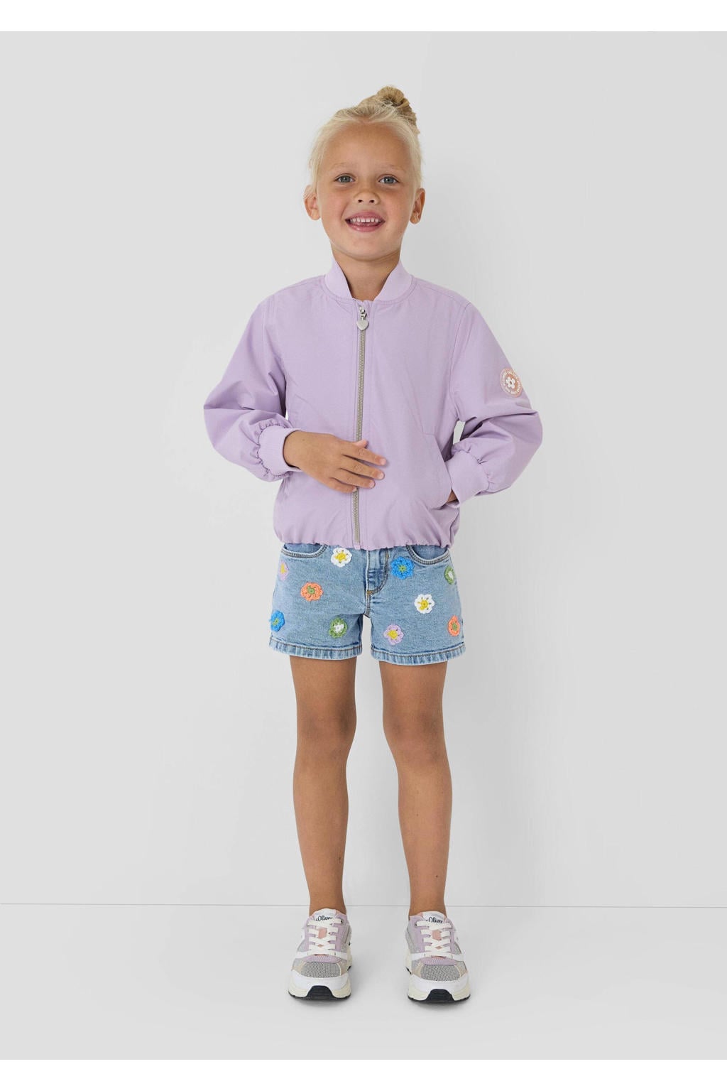 Lilakleurige meisjes s.Oliver bomberjack van polyester met effen, lange mouwen, ronde hals, ritssluiting en elastische boord