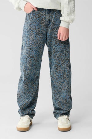 high waist barrel jeans met panterprint medium blue denim