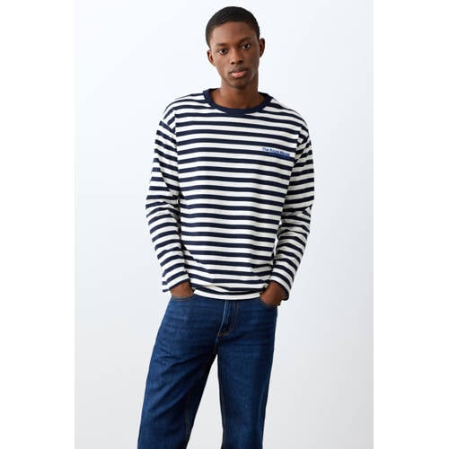MANGO TEEN gestreepte T-shirt met backprint donkerblauw Jongens Katoen Ronde hals - maat 185(XL) afbeelding