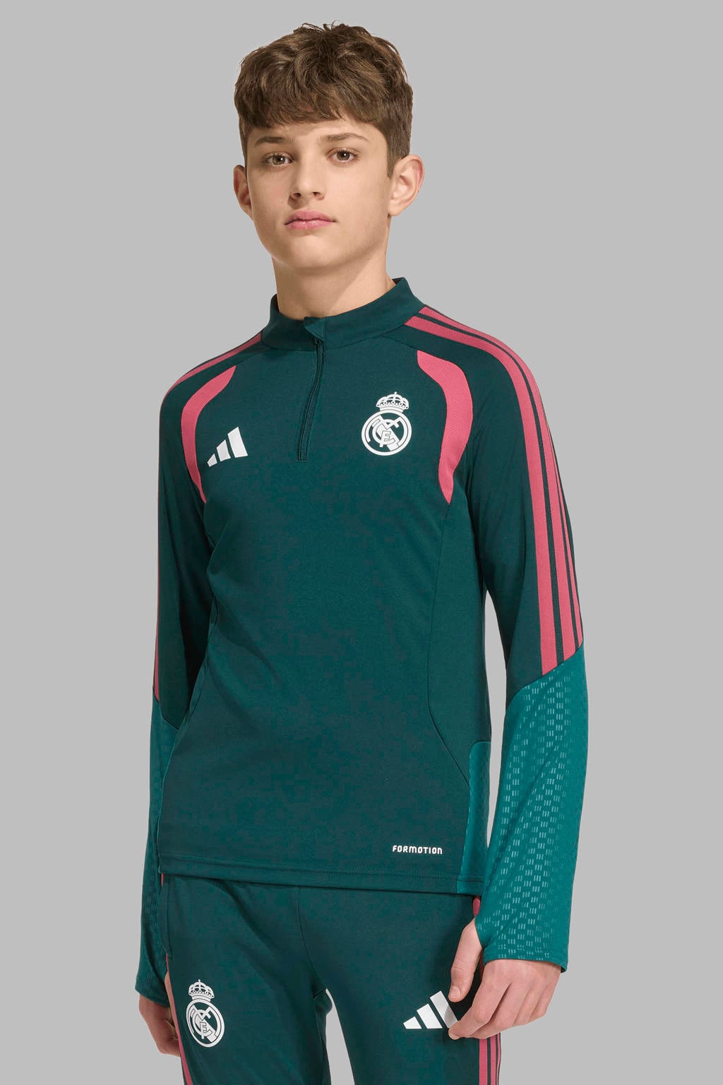 Donkergroen en roze jongens en meisjes adidas Performance Junior Real Madrid voetbalshirt van polyester met lange mouwen en opstaande kraag