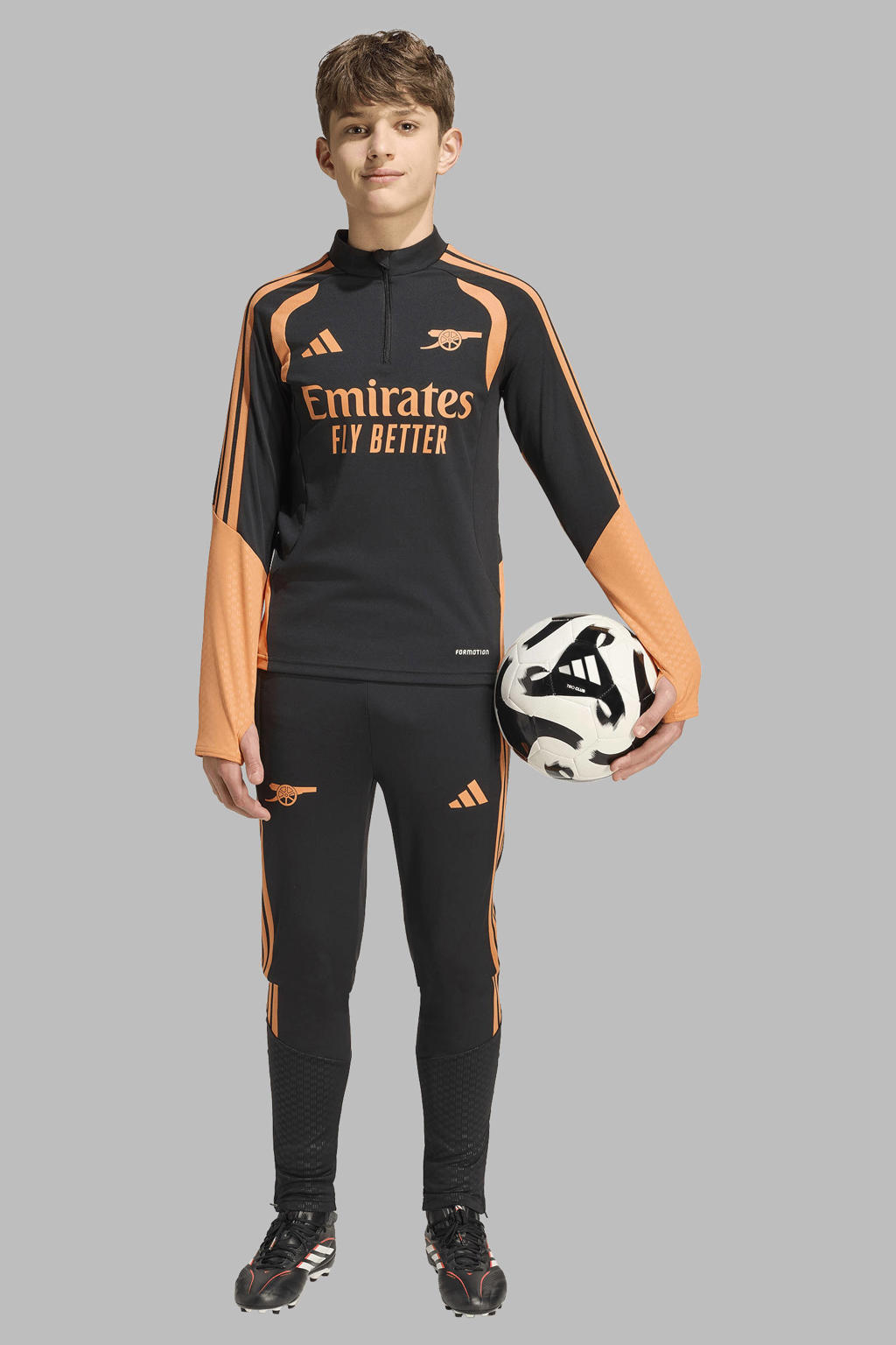 Zwart en oranje jongens en meisjes adidas Performance Junior Arsenal FC voetbalshirt Training van polyester met lange mouwen, opstaande kraag en halve rits