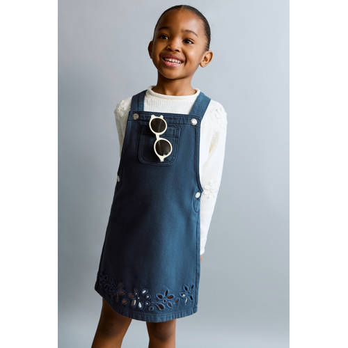 Mango Kids denim spijkerjurk broderie dark blue denim Blauw Effen