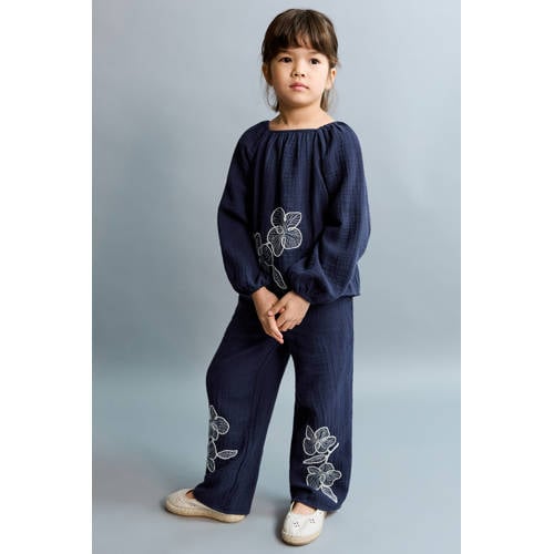Mango Kids blousetop donkerblauw Meisjes Katoen Vierkante hals Effen - maat 104 afbeelding