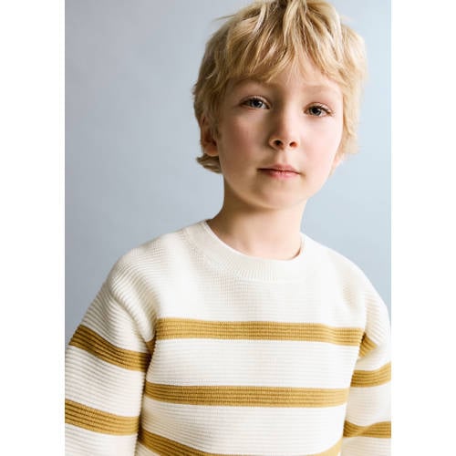 Mango Kids gestreepte trui beige gebreid Jongens Katoen Ronde hals Streep