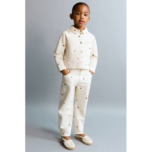Mango Kids gebloemde straight leg jeans ecru Meisjes Katoen Bloemen - maat 98 afbeelding