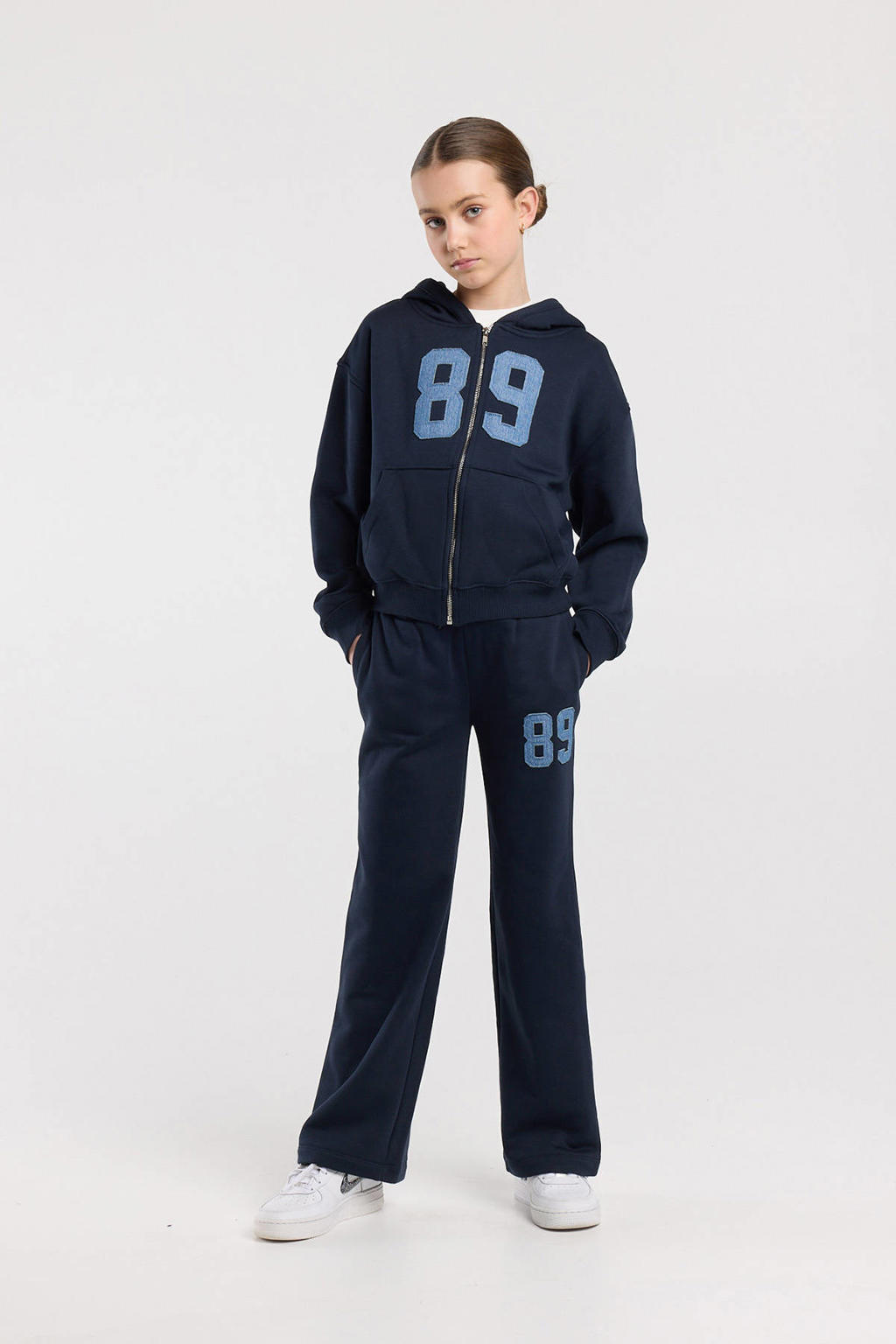 Donkerblauwe meisjes America Today sweatvest met effen, lange mouwen, capuchon, ritssluiting en patches