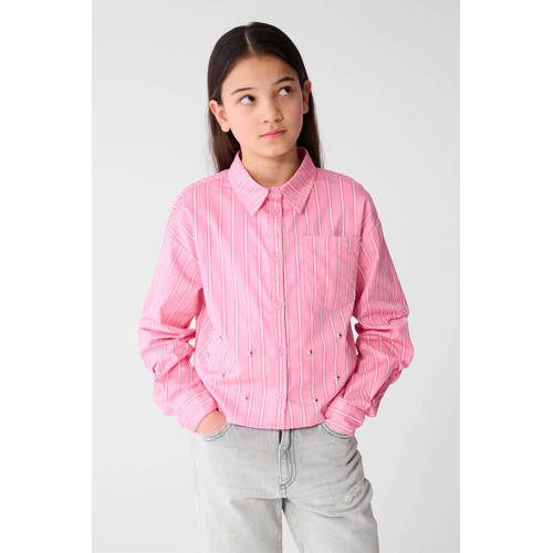 Shoeby gestreepte blouse roze Meisjes Katoen Button down Streep - maat 134/140 afbeelding