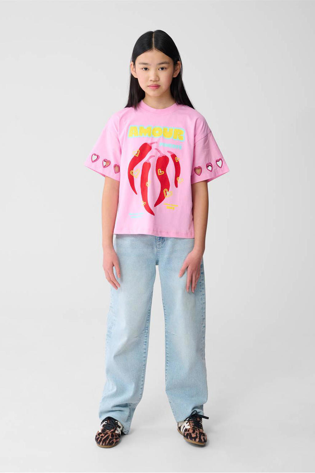Roze meisjes Shoeby T-shirt van katoen met printopdruk, korte mouwen en ronde hals