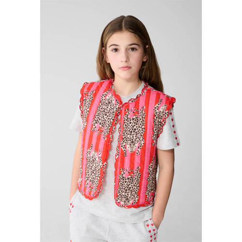 Shoeby gestreepte gilet met panterprint roze Meisjes Katoen Ronde hals - maat 158/164 afbeelding