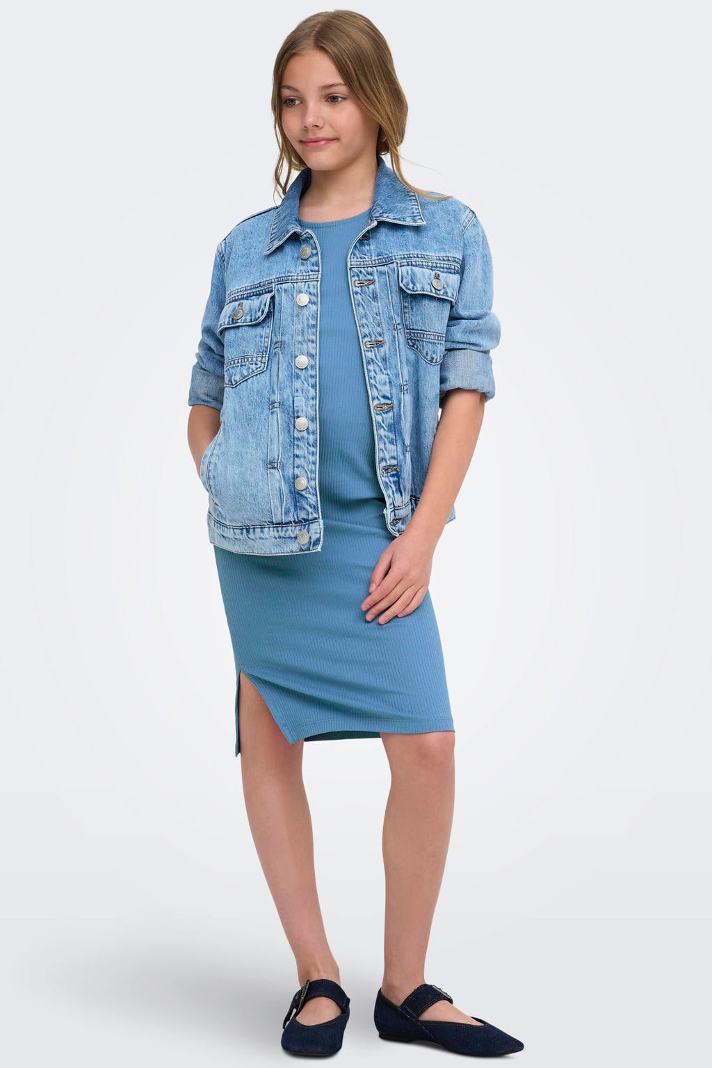Blauwe meisjes KIDS ONLY GIRL zomerjurk van stretchkatoen met effen en ronde hals